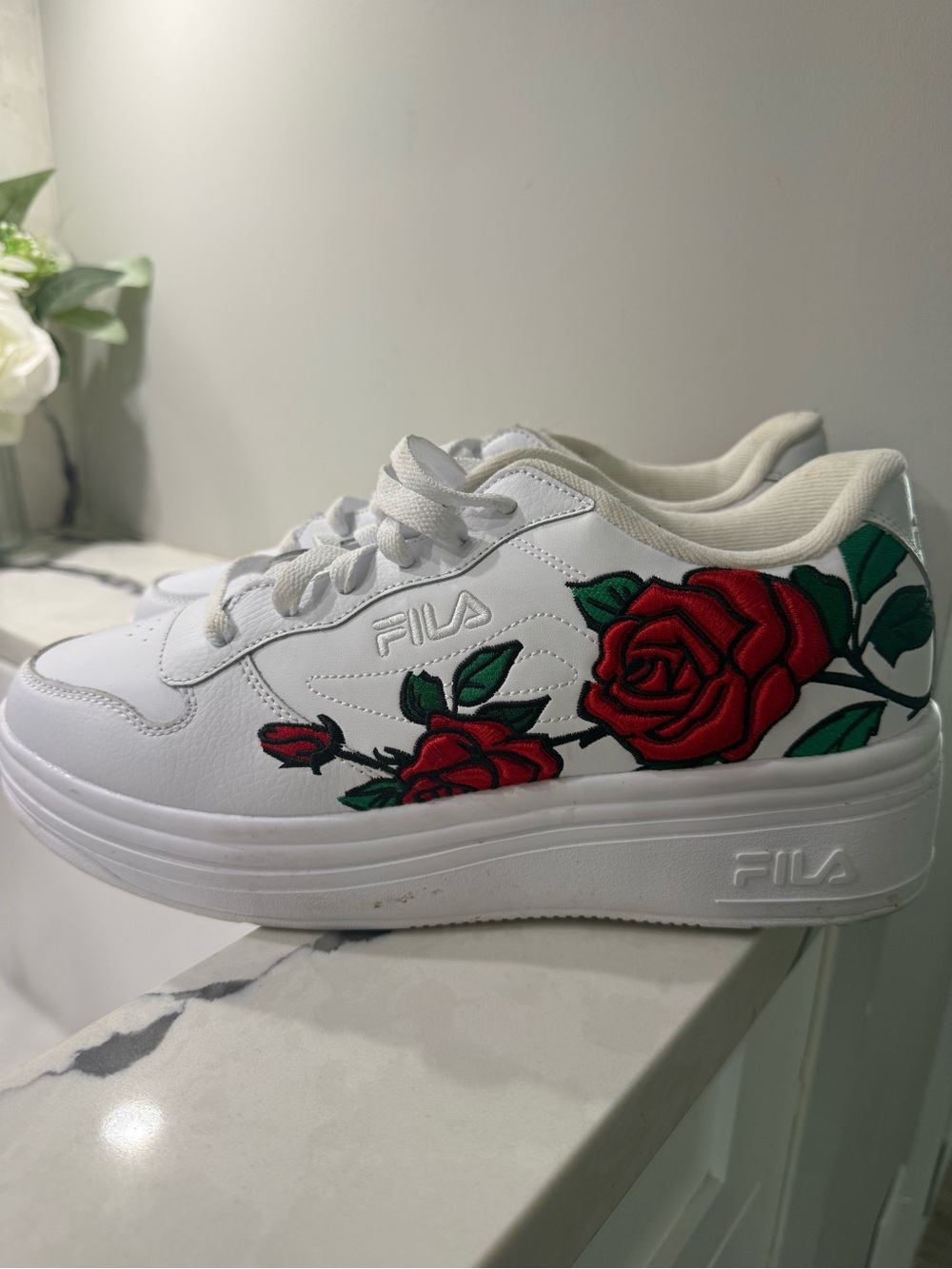 FILA White Platform Sneakers with Red Rose Embroidery